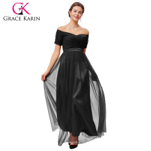 Grace Karin Sexy aus Schulter Kurzarm Soft Tüll Schwarz Lange Abendkleid GK000077-1